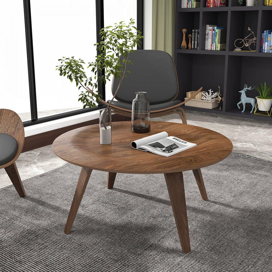 HMR - Mid-Century Modern Round Coffee Table with 4 Legs Walnut Small Accent Table