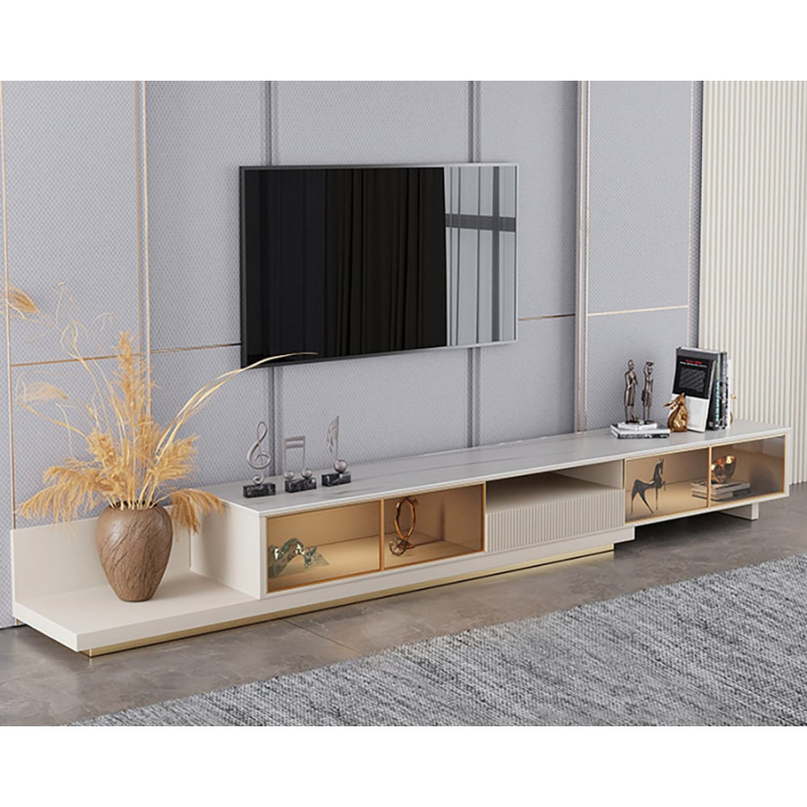 HMR 110.2" Modern Extendable TV Stand Glass Door Media Console with LED Light & Drawer - Light Khaki