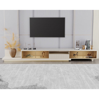HMR 110.2" Modern Extendable TV Stand Glass Door Media Console with LED Light & Drawer - Light Khaki