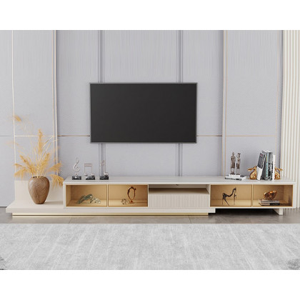 HMR 110.2" Modern Extendable TV Stand Glass Door Media Console with LED Light & Drawer - Light Khaki