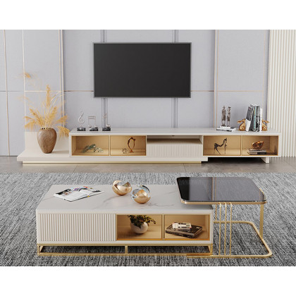 HMR 110.2" Modern Extendable TV Stand Glass Door Media Console with LED Light & Drawer - Light Khaki