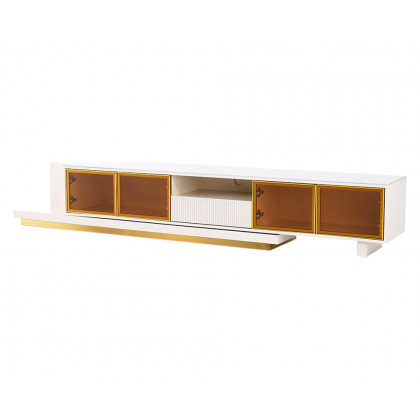 HMR 110.2" Modern Extendable TV Stand Glass Door Media Console with LED Light & Drawer - Light Khaki