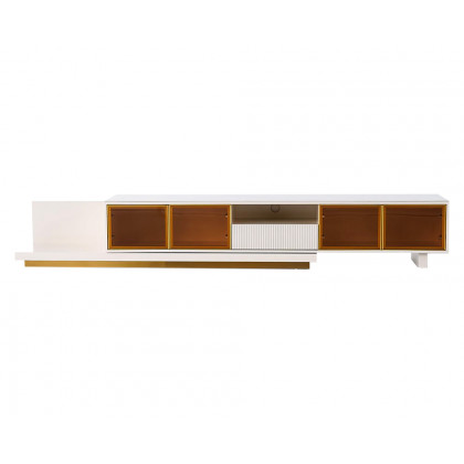 HMR 110.2" Modern Extendable TV Stand Glass Door Media Console with LED Light & Drawer - Light Khaki
