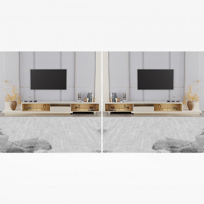HMR 110.2" Modern Extendable TV Stand Glass Door Media Console with LED Light & Drawer - Light Khaki