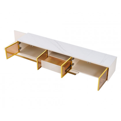 HMR 110.2" Modern Extendable TV Stand Glass Door Media Console with LED Light & Drawer - Light Khaki