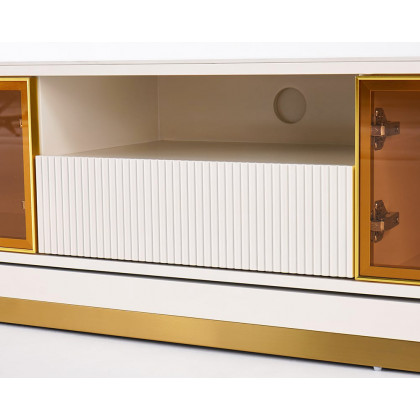 HMR 110.2" Modern Extendable TV Stand Glass Door Media Console with LED Light & Drawer - Light Khaki
