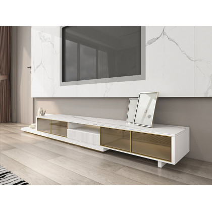 HMR 110.2" Modern Extendable TV Stand Glass Door Media Console with LED Light & Drawer - Light Khaki