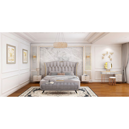 HMR - Luxury Upholstered Bed Frame with Tufted Wingback Headboard