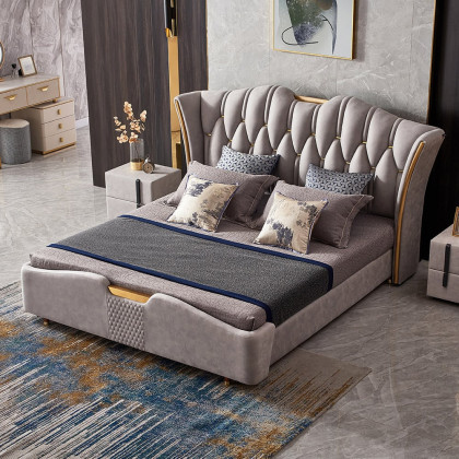 HMR Luxury Upholstered Bed Frame with Tufted Wingback Headboard - Light Gray, Queen Size