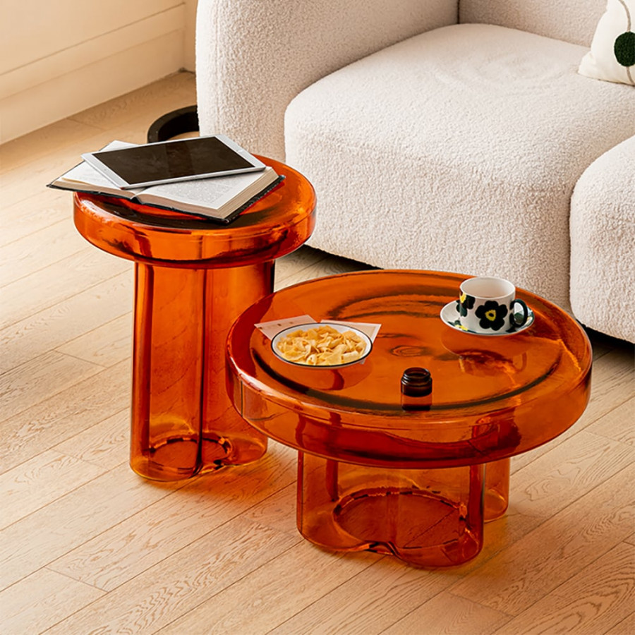 HMR - Modern Glass Coffee Table Set 2-Piece Cloud-Shaped in Orange