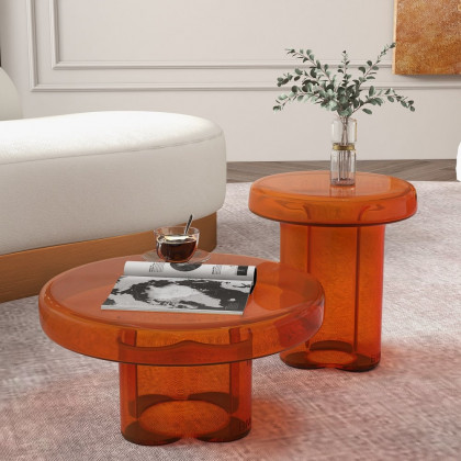 HMR - Modern Glass Coffee Table Set 2-Piece Cloud-Shaped in Orange