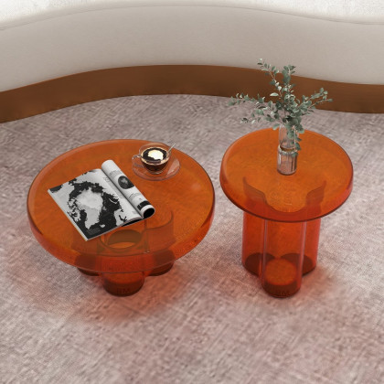 HMR - Modern Glass Coffee Table Set 2-Piece Cloud-Shaped in Orange