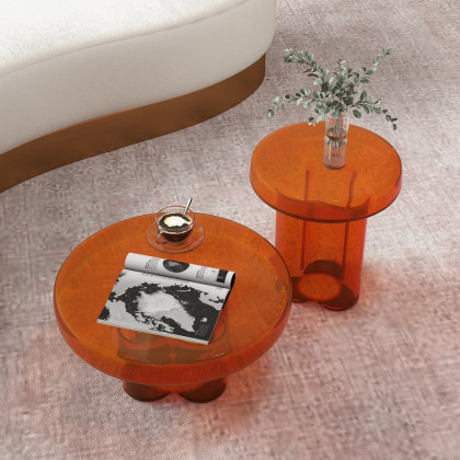 HMR - Modern Glass Coffee Table Set 2-Piece Cloud-Shaped in Orange