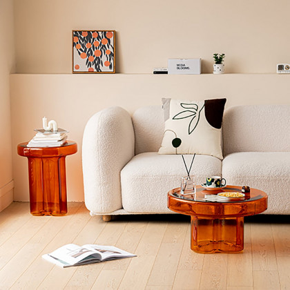HMR - Modern Glass Coffee Table Set 2-Piece Cloud-Shaped in Orange