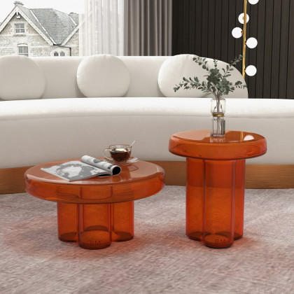 HMR - Modern Glass Coffee Table Set 2-Piece Cloud-Shaped in Orange