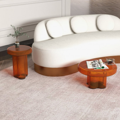 HMR - Modern Glass Coffee Table Set 2-Piece Cloud-Shaped in Orange