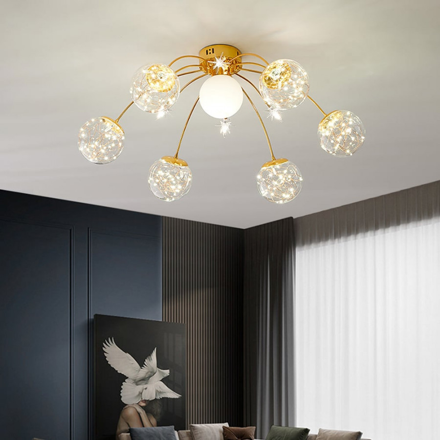 HMR - Modern Glass Globe 7-Light LED Flush Mount Light in Gold