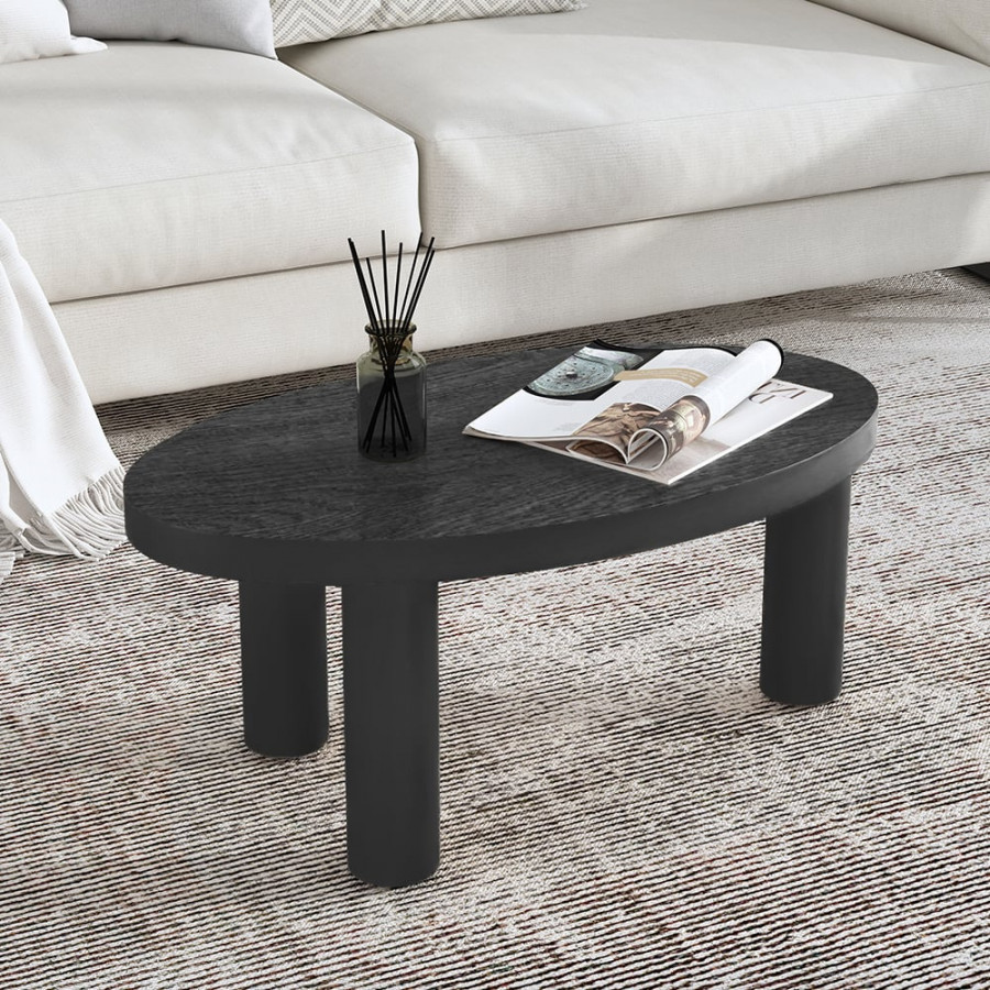 HMR - Threeens 35" Japandi Oval Black Pine Wood Coffee Table 3-Legged Accent Table