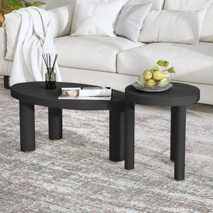 HMR - Threeens 35" Japandi Oval Black Pine Wood Coffee Table 3-Legged Accent Table