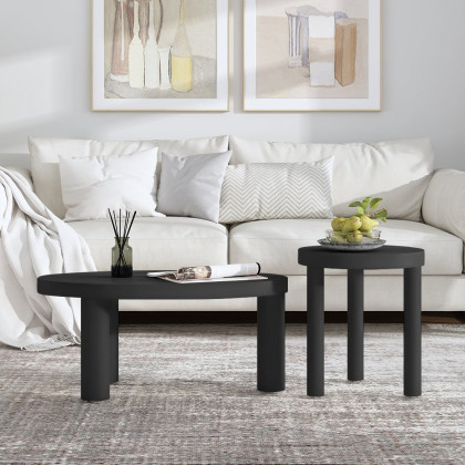 HMR - Threeens 35" Japandi Oval Black Pine Wood Coffee Table 3-Legged Accent Table