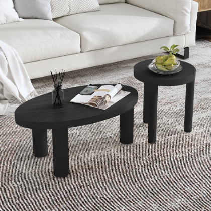 HMR - Threeens 35" Japandi Oval Black Pine Wood Coffee Table 3-Legged Accent Table