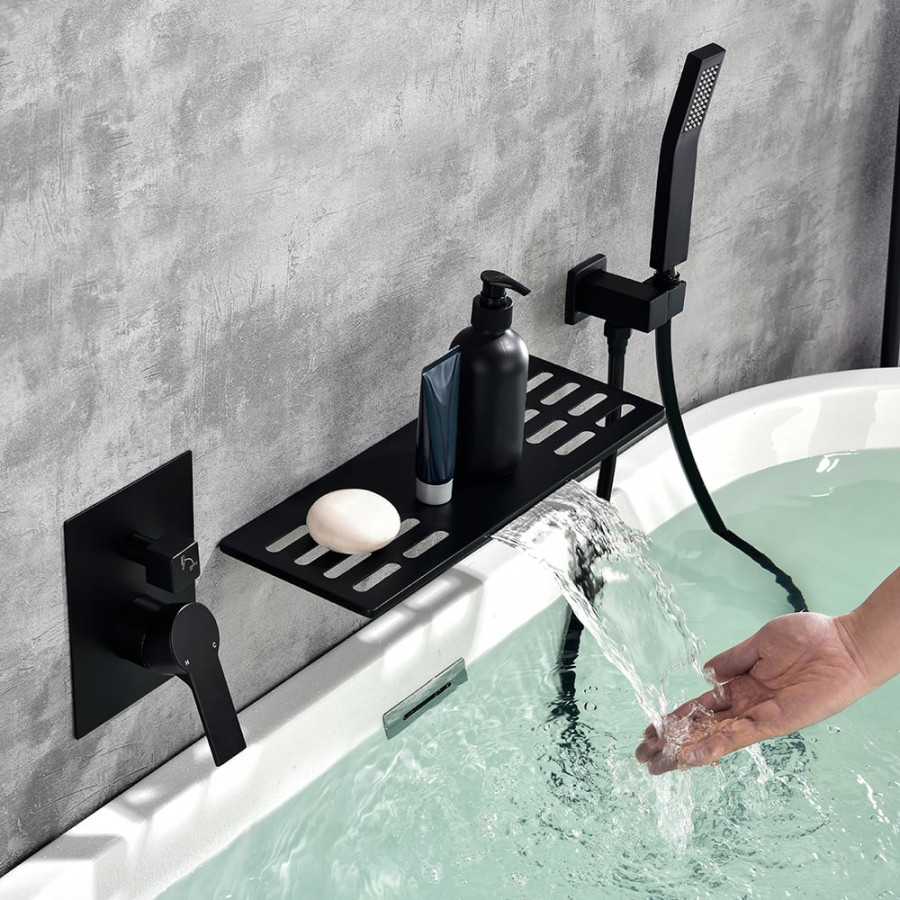 HMR - Modern Waterfall Wall Mounted Single Handle Bathtub Faucet With Handshower in Black