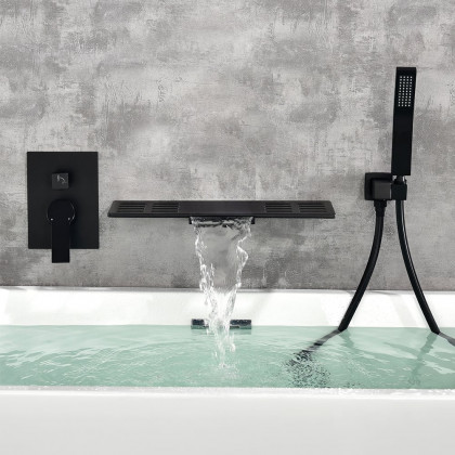HMR - Modern Waterfall Wall Mounted Single Handle Bathtub Faucet With Handshower in Black