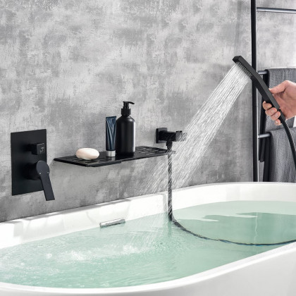 HMR - Modern Waterfall Wall Mounted Single Handle Bathtub Faucet With Handshower in Black