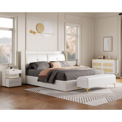 HMR Leather Upholstered Bed with Wingback Headboard - Off-White, King Size