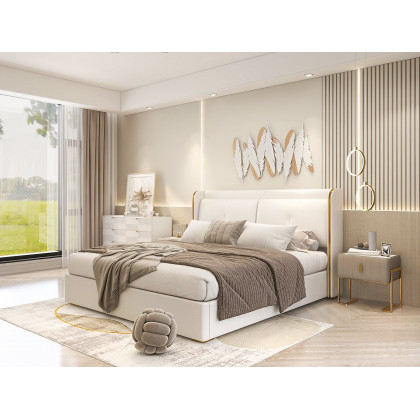 HMR Leather Upholstered Bed with Wingback Headboard - Off-White, King Size