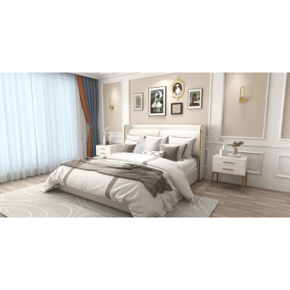 HMR Leather Upholstered Bed with Wingback Headboard - Off-White, King Size
