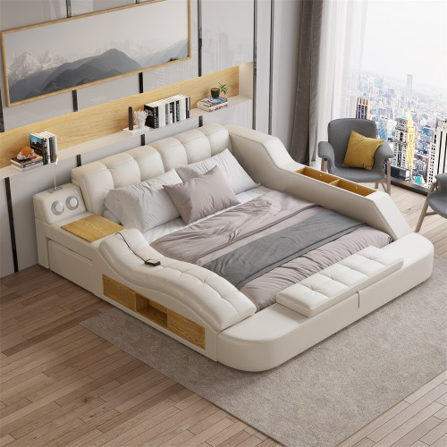 HMR - Ultimate Smart Bed King Tufted Upholstered Platform Bed with Massage, Storage & Speaker