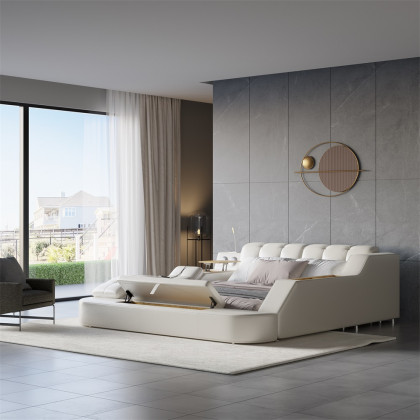 HMR - Ultimate Smart Bed King Tufted Upholstered Platform Bed with Massage, Storage & Speaker