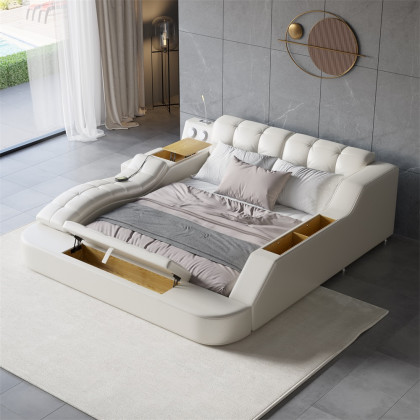 HMR - Ultimate Smart Bed King Tufted Upholstered Platform Bed with Massage, Storage & Speaker