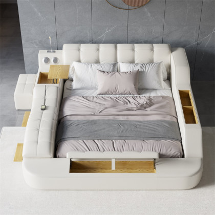 HMR - Ultimate Smart Bed King Tufted Upholstered Platform Bed with Massage, Storage & Speaker