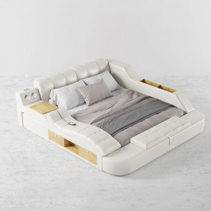 HMR - Ultimate Smart Bed King Tufted Upholstered Platform Bed with Massage, Storage & Speaker