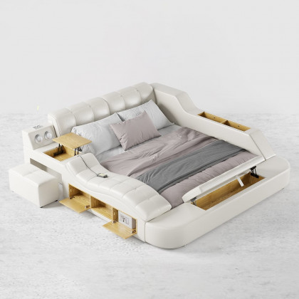 HMR - Ultimate Smart Bed King Tufted Upholstered Platform Bed with Massage, Storage & Speaker