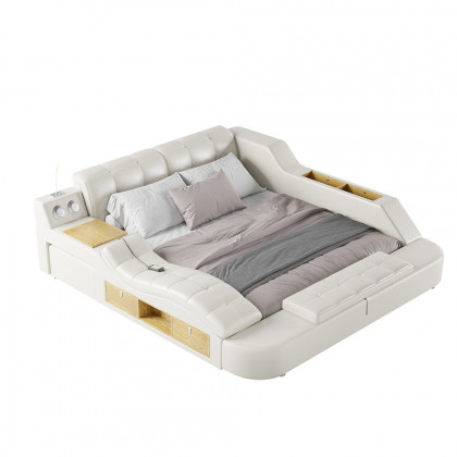 HMR - Ultimate Smart Bed King Tufted Upholstered Platform Bed with Massage, Storage & Speaker