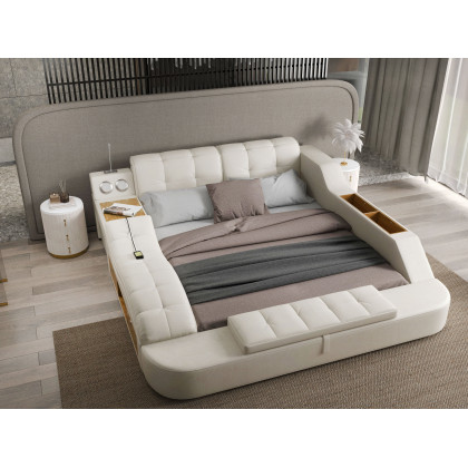 HMR - Ultimate Smart Bed King Tufted Upholstered Platform Bed with Massage, Storage & Speaker
