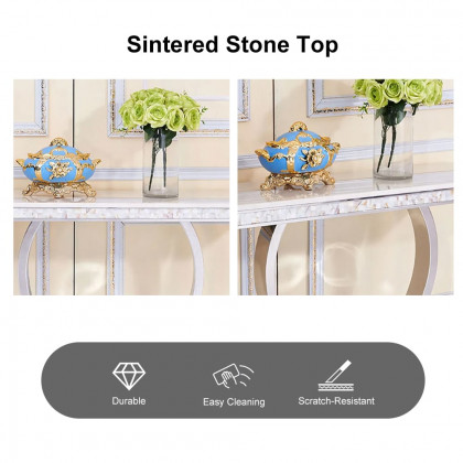 HMR - Modern 63" Rectangle Console Table with Sintered Stone Top & Chrome Base