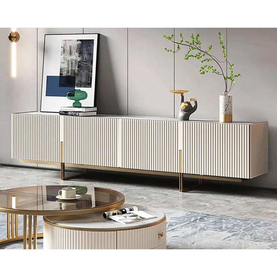 HMR Grovyn Sintered Stone Top Fluted TV Stand with Storage - Off White, 78.7"W x 17.7"D x 23.6"H, Without Fireplace