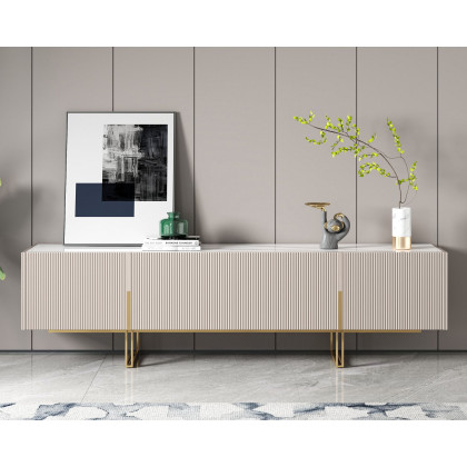 HMR Grovyn Sintered Stone Top Fluted TV Stand with Storage - Off White, 78.7"W x 17.7"D x 23.6"H, Without Fireplace