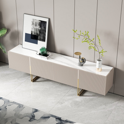 HMR Grovyn Sintered Stone Top Fluted TV Stand with Storage - Off White, 78.7"W x 17.7"D x 23.6"H, Without Fireplace