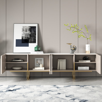 HMR Grovyn Sintered Stone Top Fluted TV Stand with Storage - Off White, 78.7"W x 17.7"D x 23.6"H, Without Fireplace