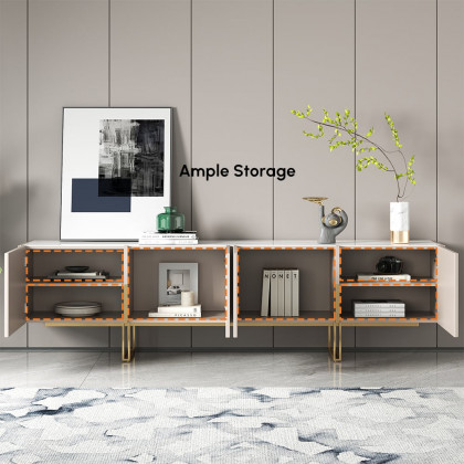 HMR Grovyn Sintered Stone Top Fluted TV Stand with Storage - Off White, 78.7"W x 17.7"D x 23.6"H, Without Fireplace