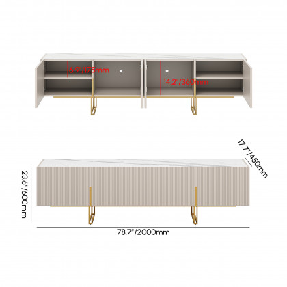 HMR Grovyn Sintered Stone Top Fluted TV Stand with Storage - Off White, 78.7"W x 17.7"D x 23.6"H, Without Fireplace