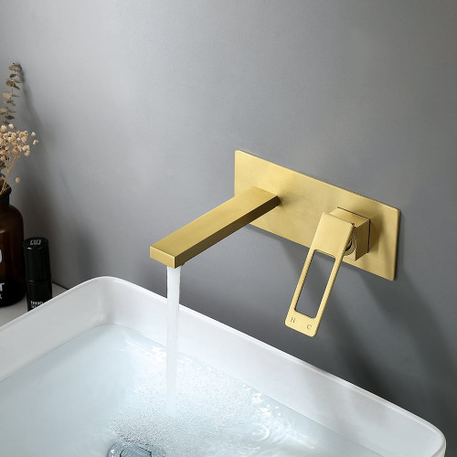 HMR Modern Wall Mount Bathroom Sink Faucet - Brushed Gold