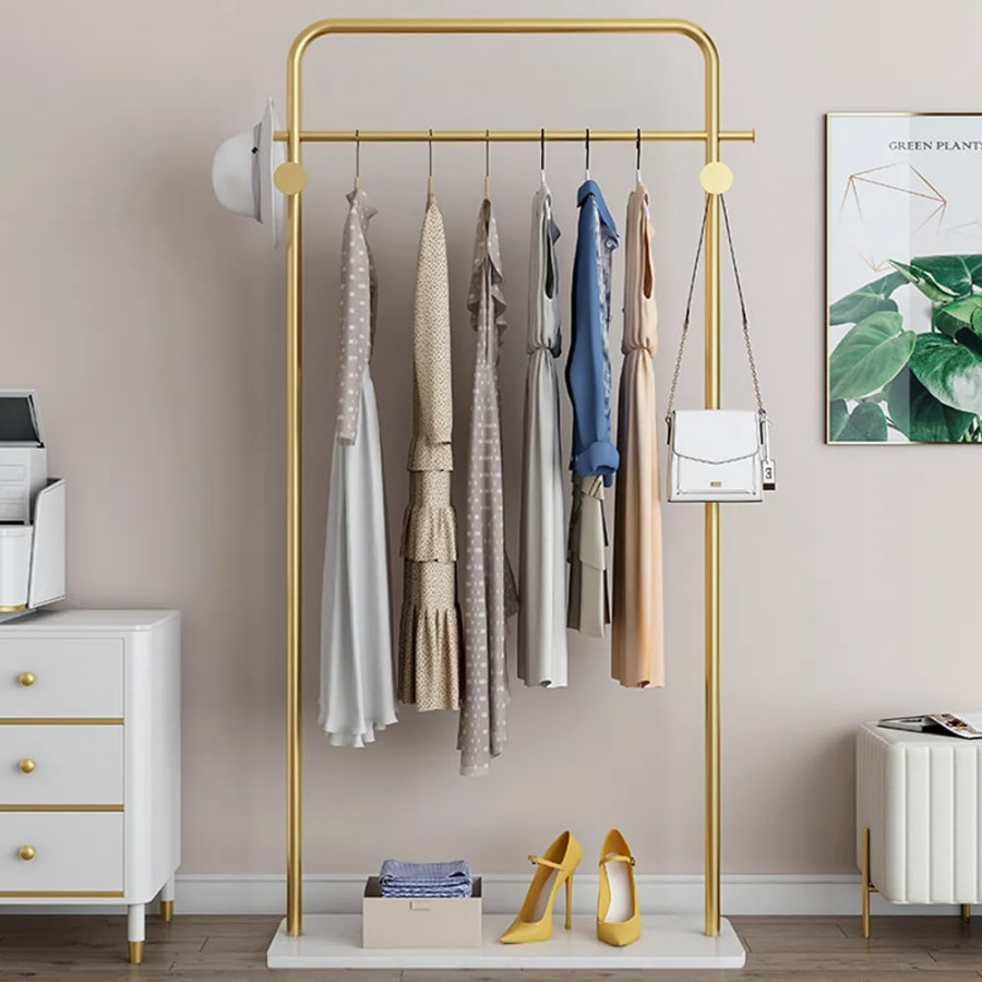 HMR - Metal Freestanding Cloth Rail Rack with Hooks and Marble Base in Gold