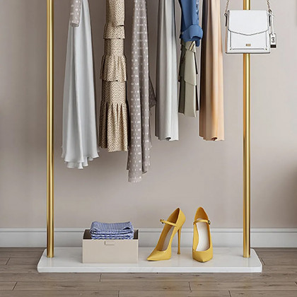 HMR - Metal Freestanding Cloth Rail Rack with Hooks and Marble Base in Gold