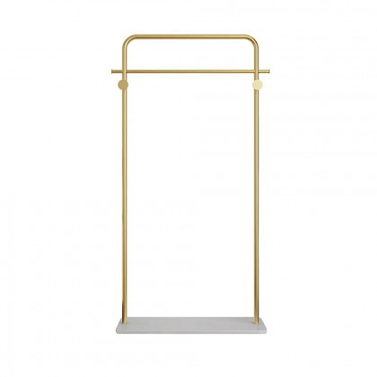 HMR - Metal Freestanding Cloth Rail Rack with Hooks and Marble Base in Gold